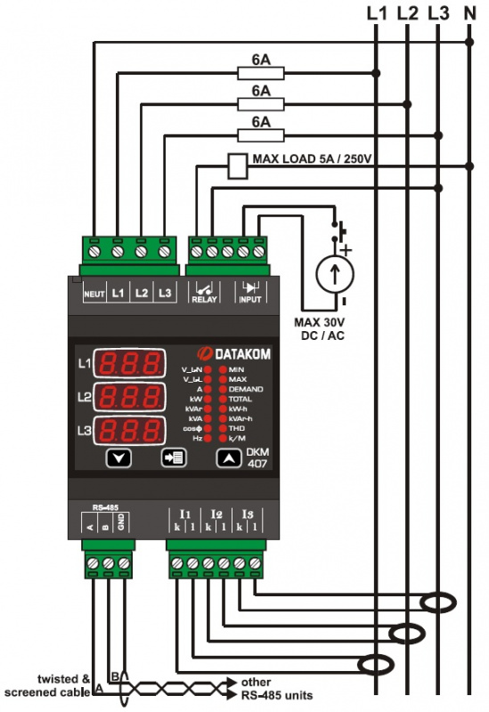 DATAKOM DKM-407 Electric network analyzer, DIN Rail, THD, RS-485, 1-input, 1-output 