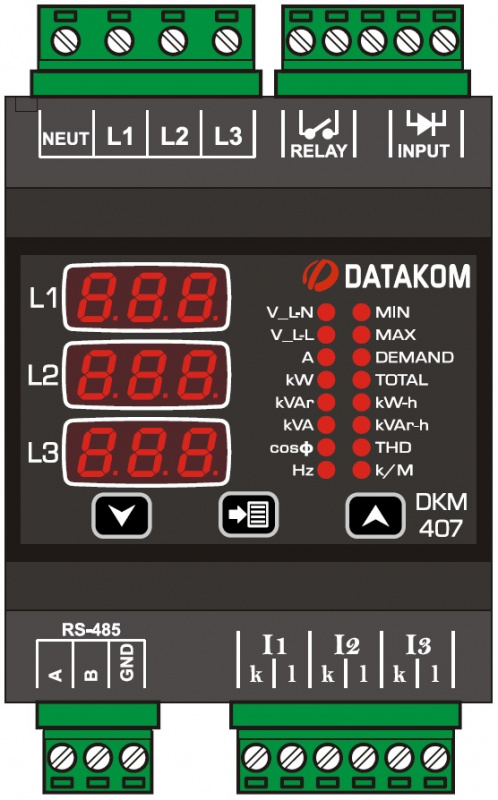 DATAKOM DKM-407 Electric network analyzer, DIN Rail, THD, RS-485, 1-input, 1-output 