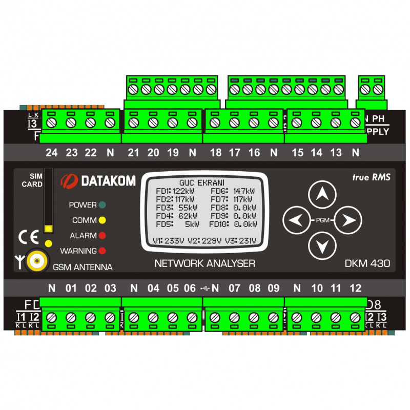 DATAKOM DKM-430-PRO+GSM. Multiple network analyser, 30 CT inp, 24 fuse inp, 1.9” LCD, RS-485, USB/Device, 2-inputs, 2-outputs, GPRS Modem, DC power supply
