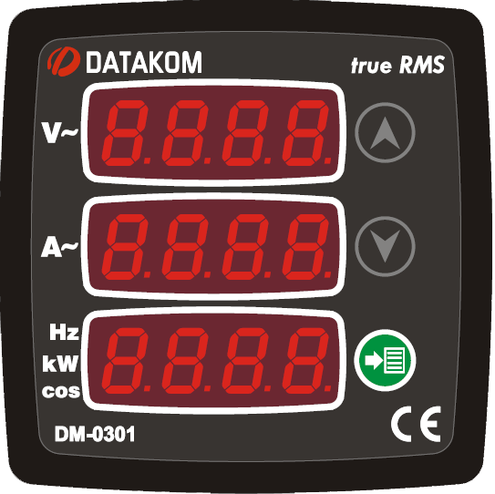 DATAKOM DM-0301 multi meter panel, 170-275V power supply, 1 phase, 72x72mm, 3 display