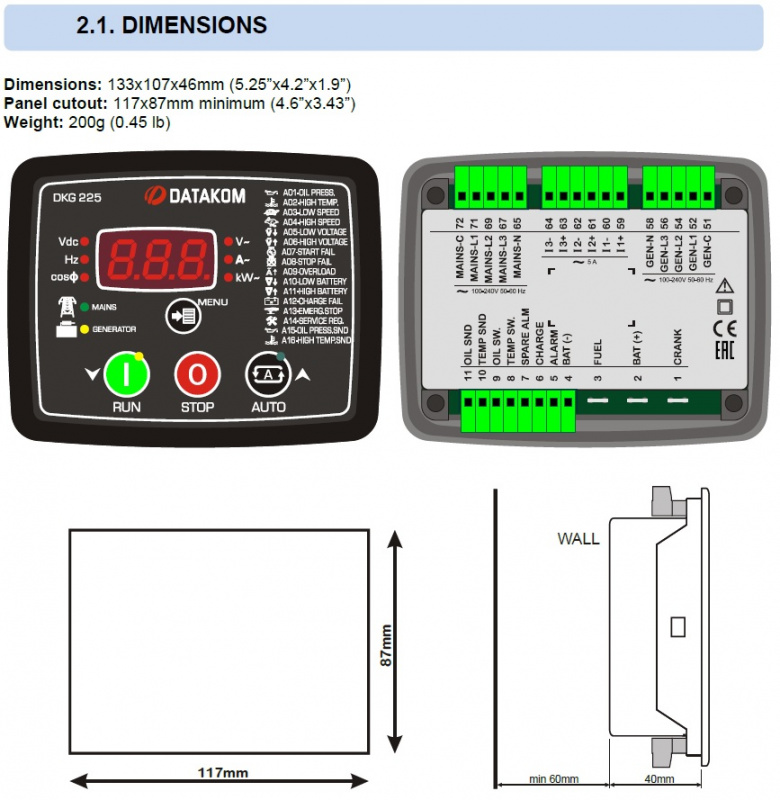 DATAKOM DKG-225 Automatic Mains Failure Controller with battery charger