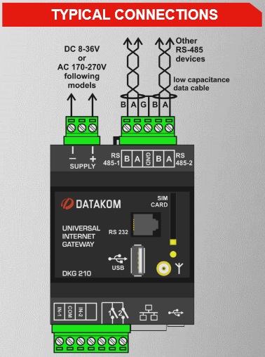DATAKOM DKG-210-D2 RS232 + Ethernet Gateway, DC power supply
