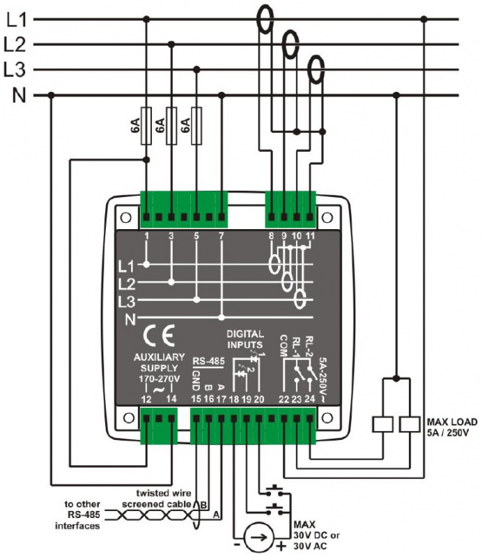 DATAKOM DKM-409-S4 grid analyser, 96x96mm, 2.9” LCD + RS485 + 31 harmonics 