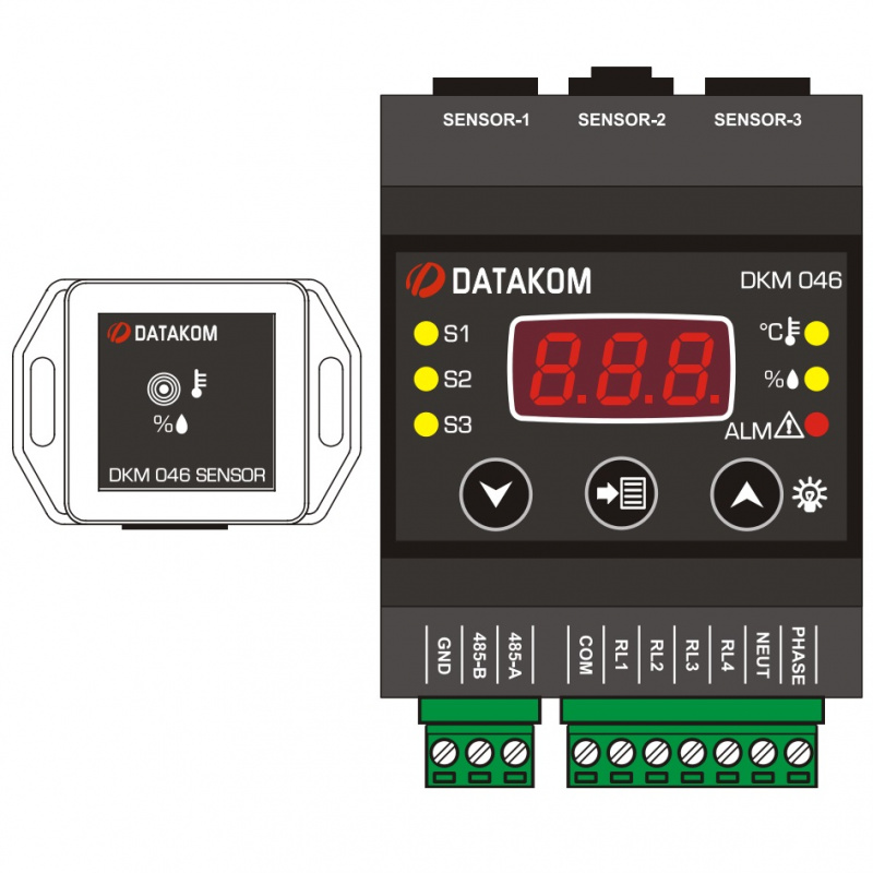 DATAKOM DKM-046 Temperature & Humidity Controller with display and relay outputs, DC power supply